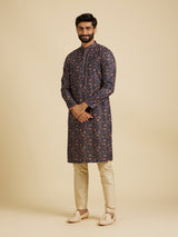 Men's Blue Ethnic Relaxed Fit Printed Full Sleeves Kurta Set