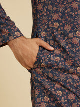 Men's Blue Ethnic Relaxed Fit Printed Full Sleeves Kurta Set
