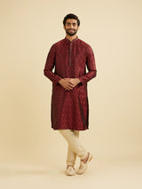 Men's Maroon Red Jaal Medallion Patterned Kurta Set with Rhinestones