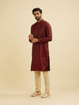 Men's Maroon Red Jaal Medallion Patterned Kurta Set with Rhinestones