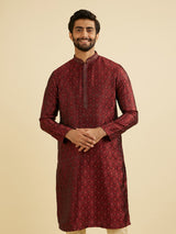 Men's Maroon Red Jaal Medallion Patterned Kurta Set with Rhinestones