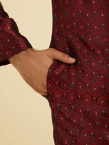 Men's Maroon Red Jaal Medallion Patterned Kurta Set with Rhinestones