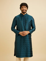 Men's Teal Blue Jaal Patterned Kurta Set with Floral Buta Motifs
