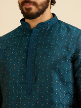 Men's Teal Blue Jaal Patterned Kurta Set with Floral Buta Motifs