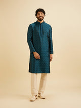Men's Teal Blue Jaal Patterned Kurta Set with Floral Buta Motifs