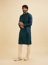 Men's Teal Blue Jaal Patterned Kurta Set with Floral Buta Motifs