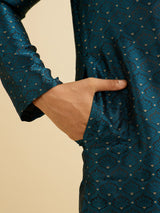 Men's Teal Blue Jaal Patterned Kurta Set with Floral Buta Motifs