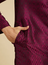 Men's Rani Pink Ikat Inspired Patterned Kurta Set