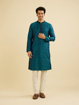 Men's Teal Green Jaal Patterned Kurta Set with Striped Collar