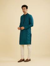 Men's Teal Green Jaal Patterned Kurta Set with Striped Collar