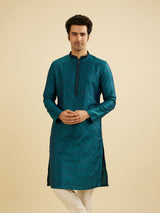 Men's Teal Green Jaal Patterned Kurta Set with Striped Collar