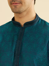 Men's Teal Green Jaal Patterned Kurta Set with Striped Collar