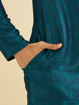 Men's Teal Green Jaal Patterned Kurta Set with Striped Collar