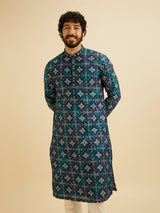 Men's Blue Ethnic Relaxed Fit Printed Full Sleeves Kurta Set