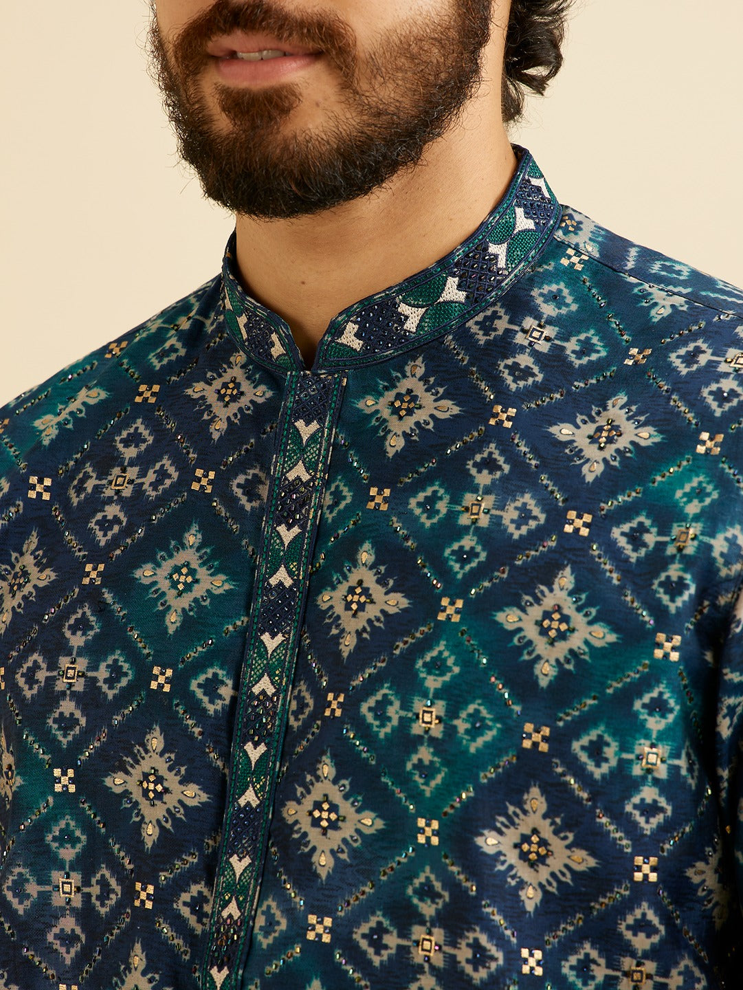 Men's Blue Ethnic Relaxed Fit Printed Full Sleeves Kurta Set
