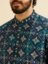 Men's Blue Ethnic Relaxed Fit Printed Full Sleeves Kurta Set