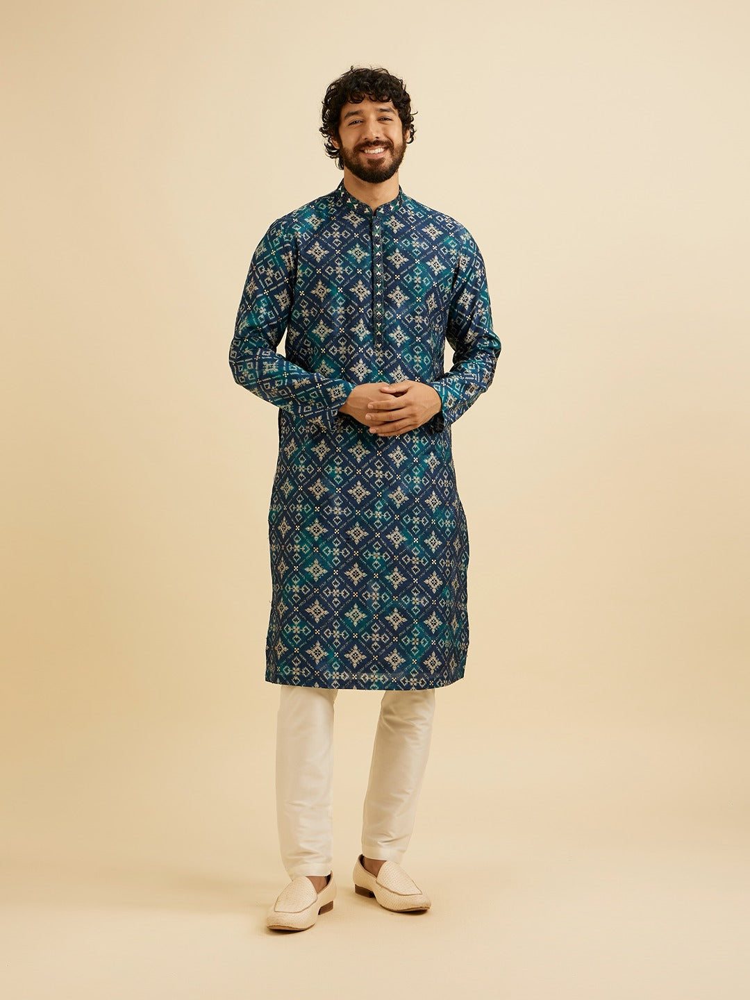 Men's Blue Ethnic Relaxed Fit Printed Full Sleeves Kurta Set