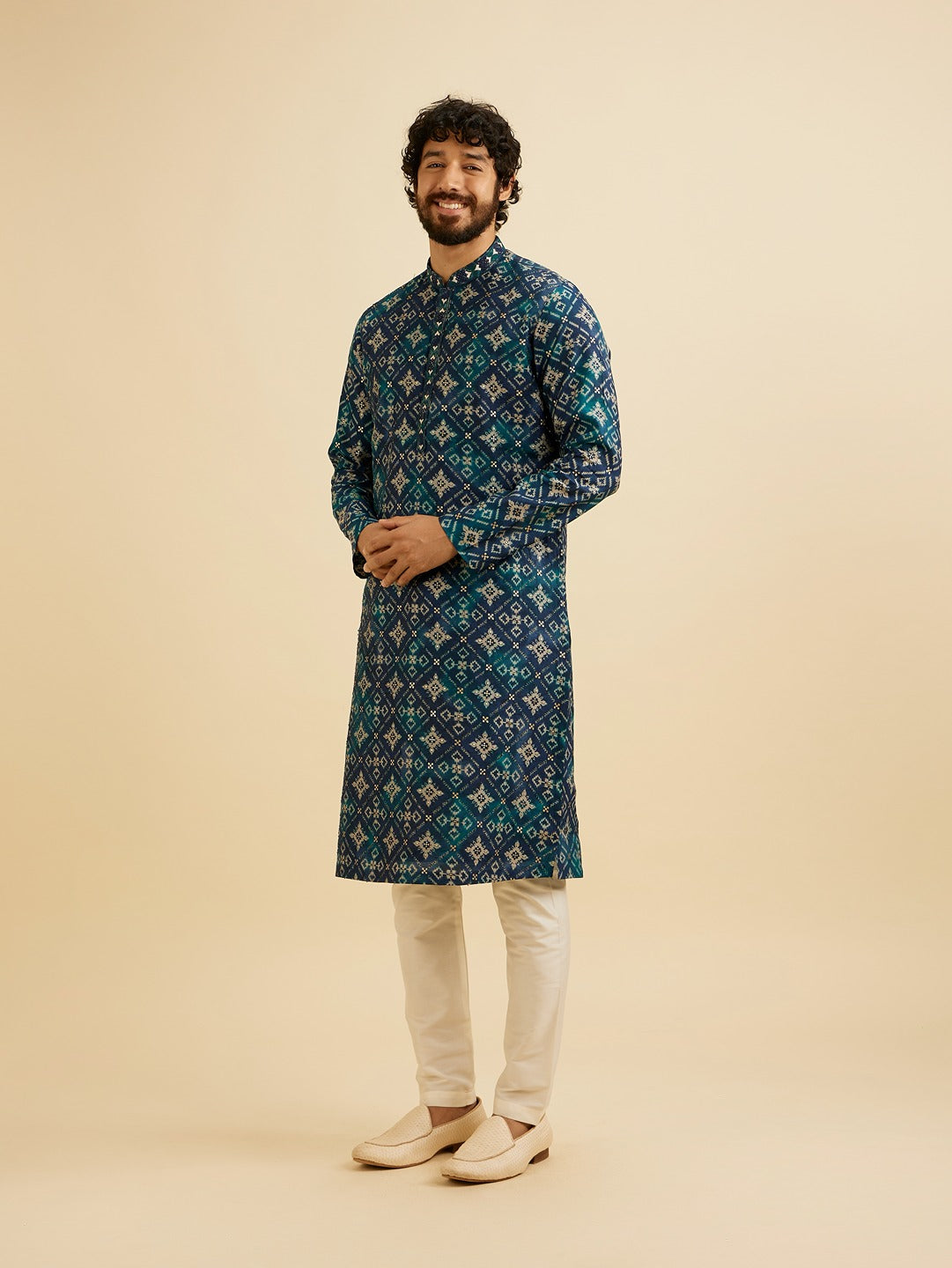 Men's Blue Ethnic Relaxed Fit Printed Full Sleeves Kurta Set