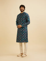 Men's Blue Ethnic Relaxed Fit Printed Full Sleeves Kurta Set