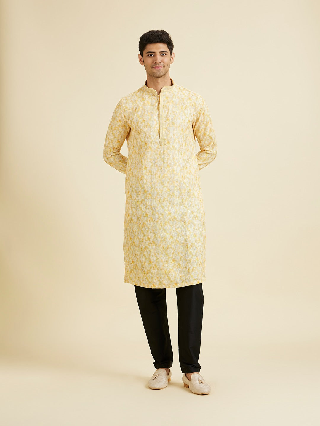 Men's Yellow Ethnic Relaxed Fit Printed Full Sleeves Kurta Set