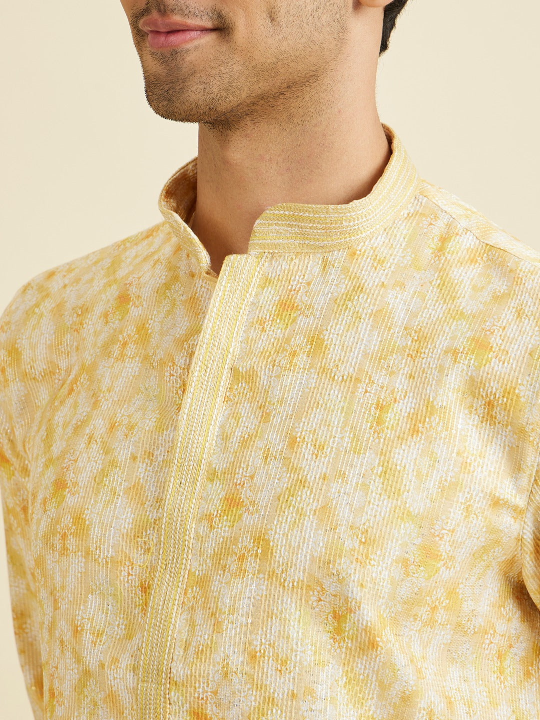 Men's Yellow Ethnic Relaxed Fit Printed Full Sleeves Kurta Set