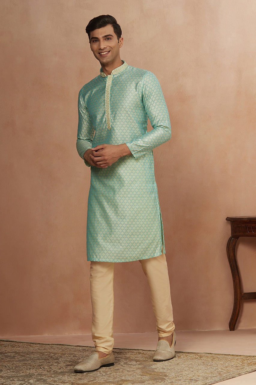 Men's Green Ethnic Relaxed Fit Embroidered Full Sleeves Kurta Set