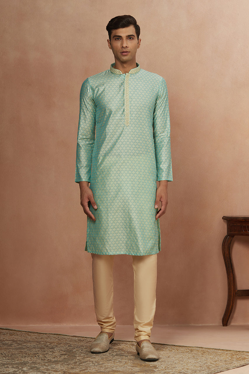 Men's Green Ethnic Relaxed Fit Embroidered Full Sleeves Kurta Set