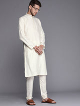 Men's White Ethnic Relaxed Fit Embroidered Full Sleeves Kurta Set