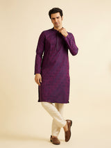 Men's Purple Ethnic Relaxed Fit Embroidered Full Sleeves Kurta Set