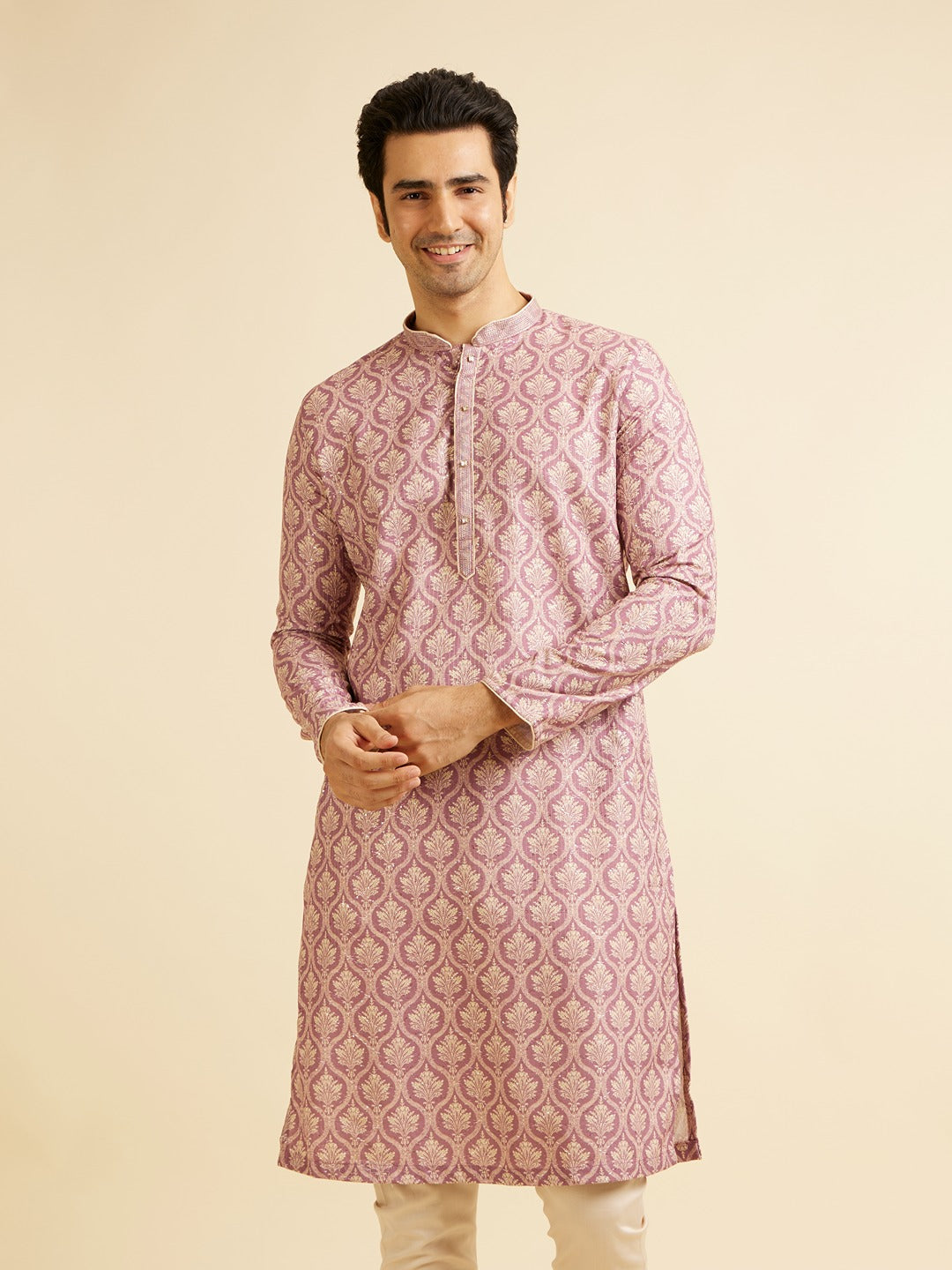 Men's Pink Ethnic Relaxed Fit Embroidered Full Sleeves Kurta Set