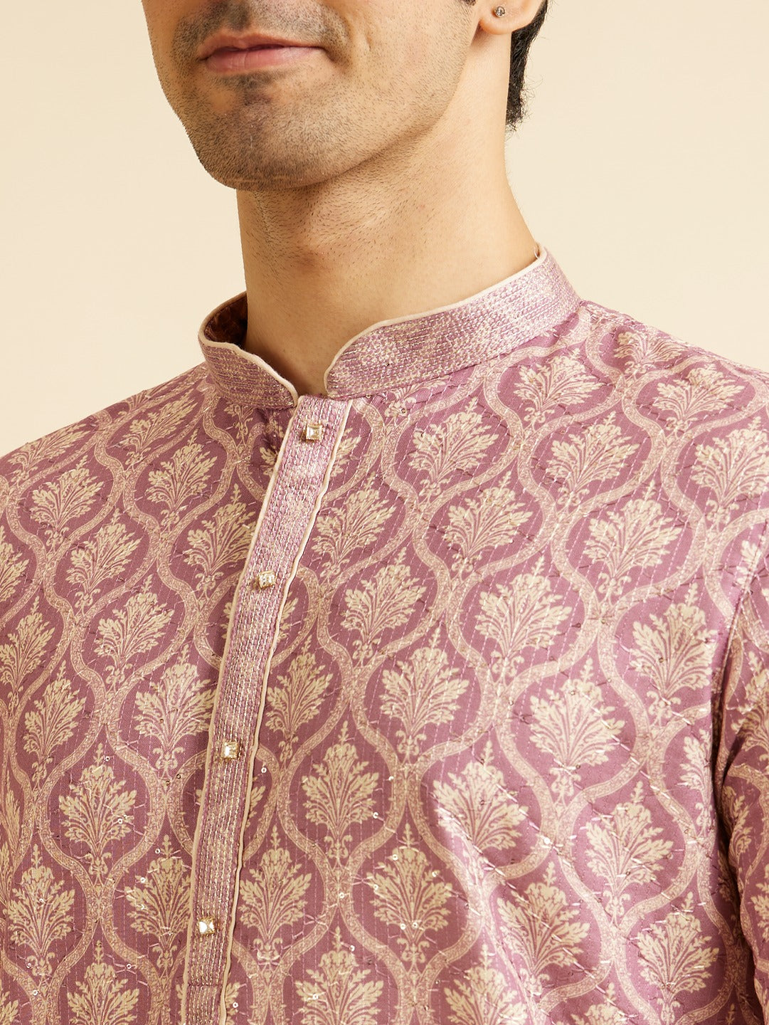Men's Pink Ethnic Relaxed Fit Embroidered Full Sleeves Kurta Set