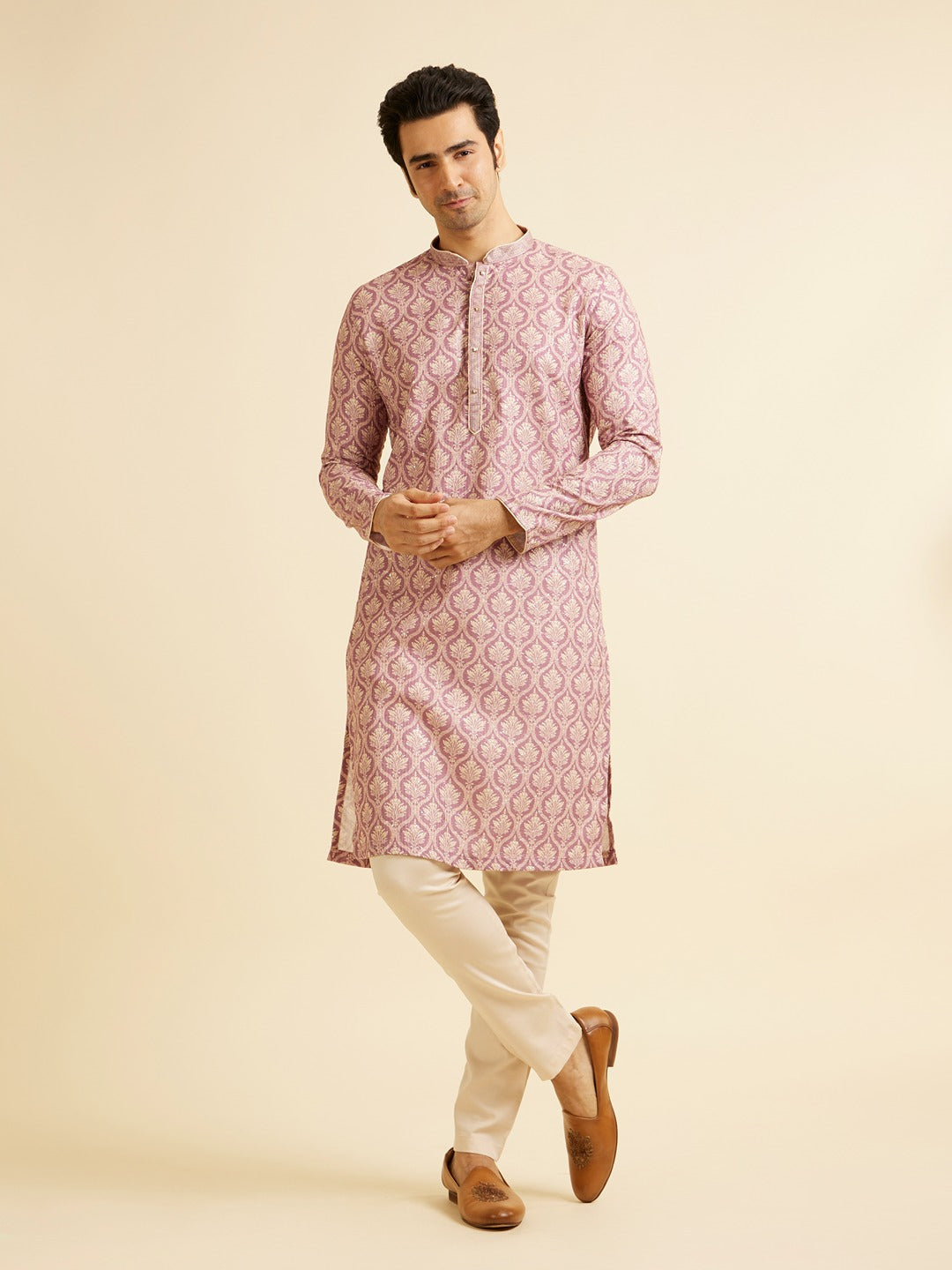 Men's Pink Ethnic Relaxed Fit Embroidered Full Sleeves Kurta Set