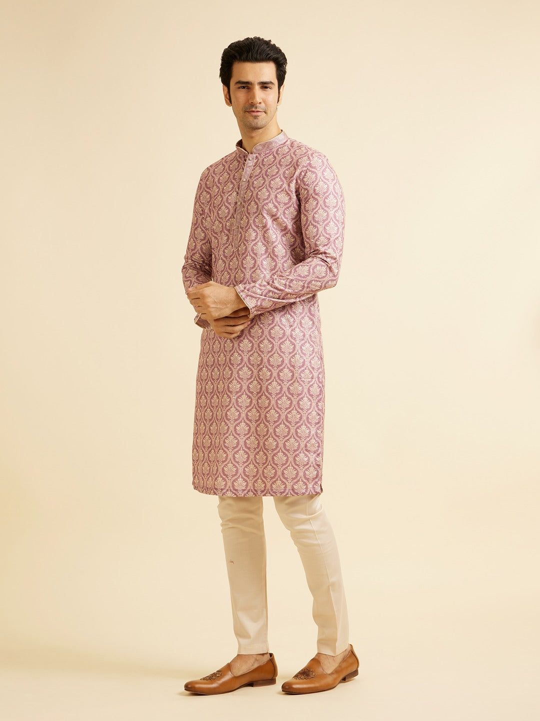 Men's Pink Ethnic Relaxed Fit Embroidered Full Sleeves Kurta Set