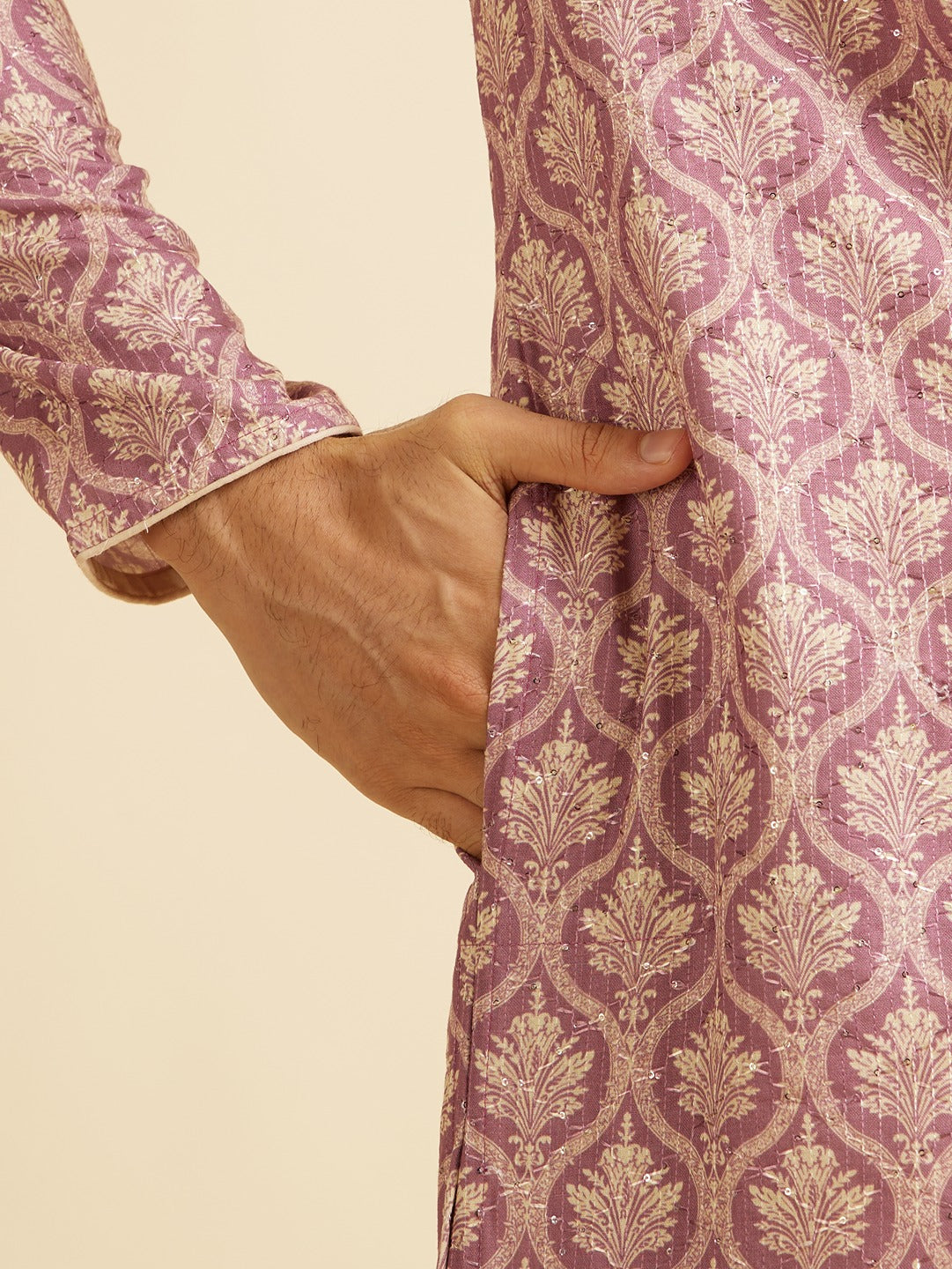 Men's Pink Ethnic Relaxed Fit Embroidered Full Sleeves Kurta Set