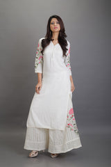 Women's White Daily Regular Fit Embroidered Three Quarter Sleeves Kurtas Sets