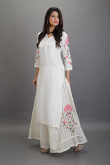 Women's White Daily Regular Fit Embroidered Three Quarter Sleeves Kurtas Sets