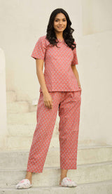 Women's Pink Daily Printed Half Sleeves Pyjama Set