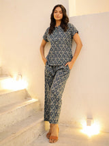 Women's Blue Daily Printed Half Sleeves Pyjama Set