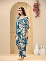 Women's Blue Daily Printed Three Quarter Sleeves Pyjama Set