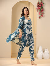 Women's Blue Daily Printed Three Quarter Sleeves Pyjama Set