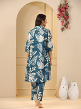 Women's Blue Daily Printed Three Quarter Sleeves Pyjama Set