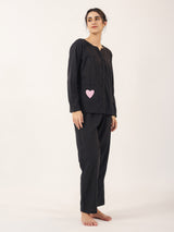 Women's Black Daily Solid Full Sleeves Pyjama Set