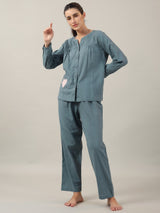 Women's Blue Daily Solid Full Sleeves Pyjama Set