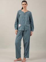 Women's Blue Daily Solid Full Sleeves Pyjama Set