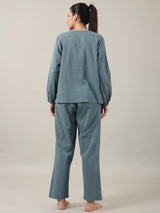 Women's Blue Daily Solid Full Sleeves Pyjama Set