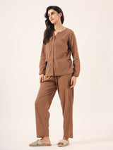 Women's Brown Daily Solid Full Sleeves Pyjama Set