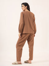 Women's Brown Daily Solid Full Sleeves Pyjama Set