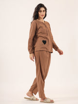 Women's Brown Daily Solid Full Sleeves Pyjama Set