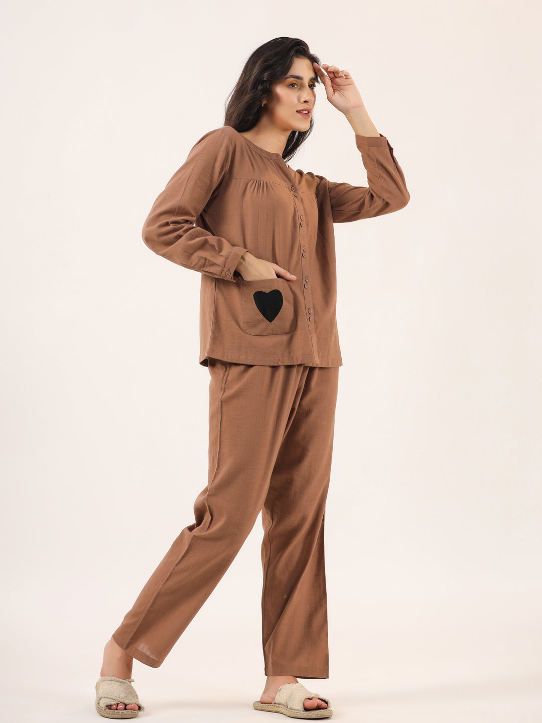 Women's Brown Daily Solid Full Sleeves Pyjama Set