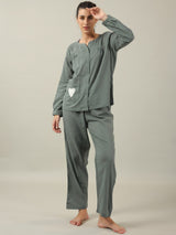 Women's Green Daily Solid Full Sleeves Pyjama Set